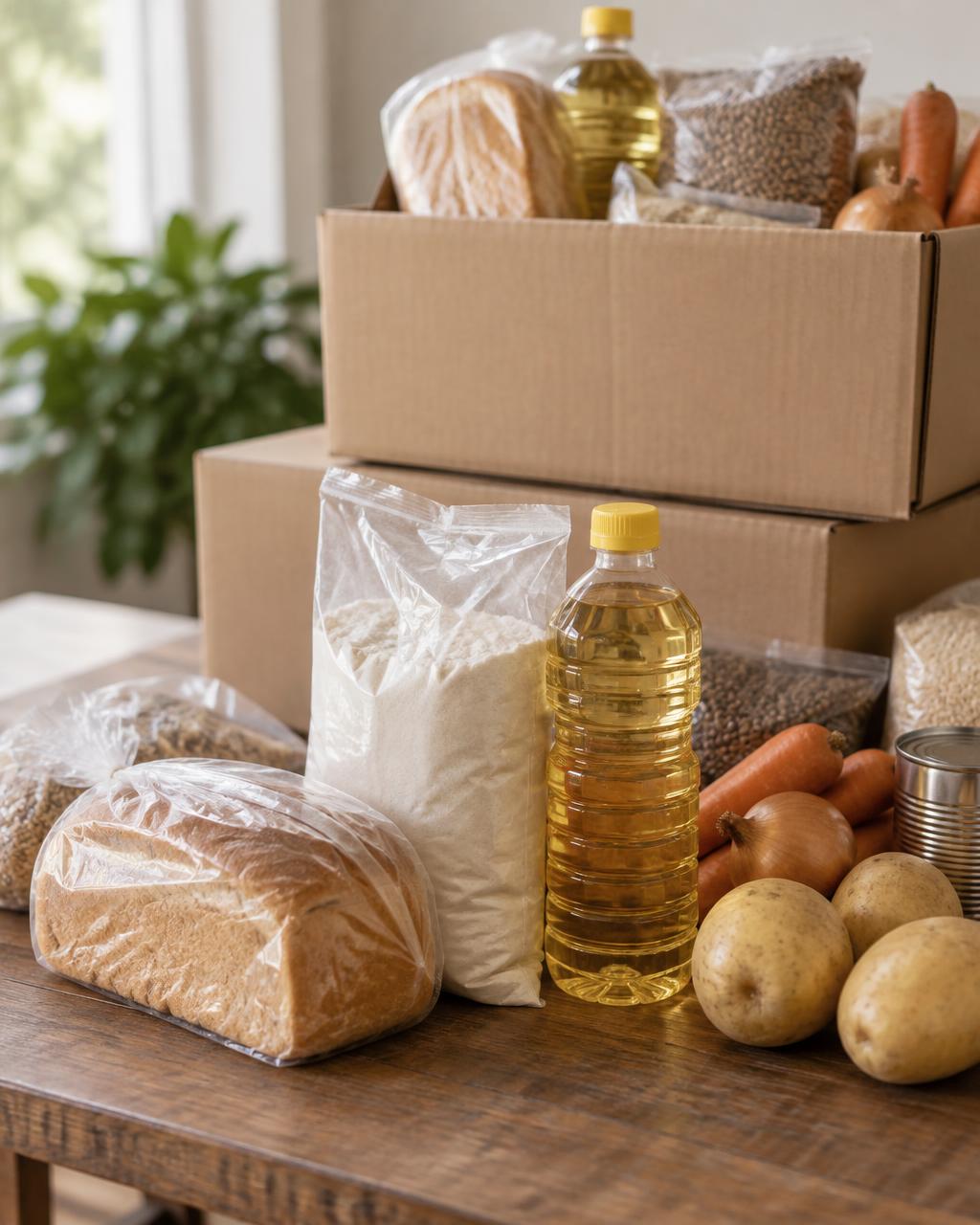 Pachete alimentare cu pâine, făină, ulei și legume