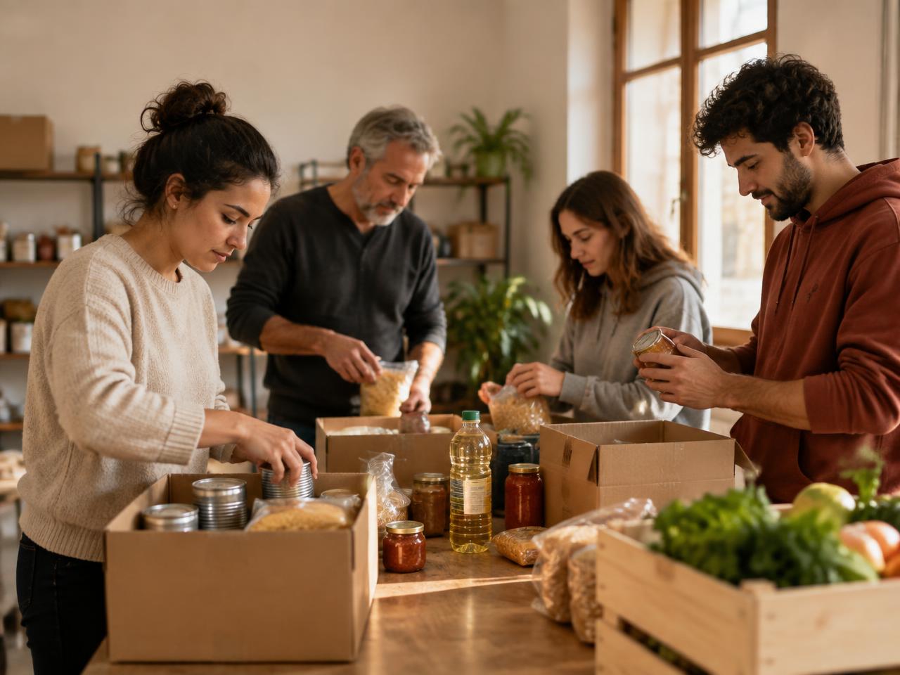 Voluntari care sortează alimente în cutii